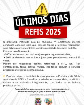 REFIS Municipal 2025 se encerra no dia 30 de setembro.